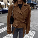 Suede Belted Wrap Coat in brown - view 2