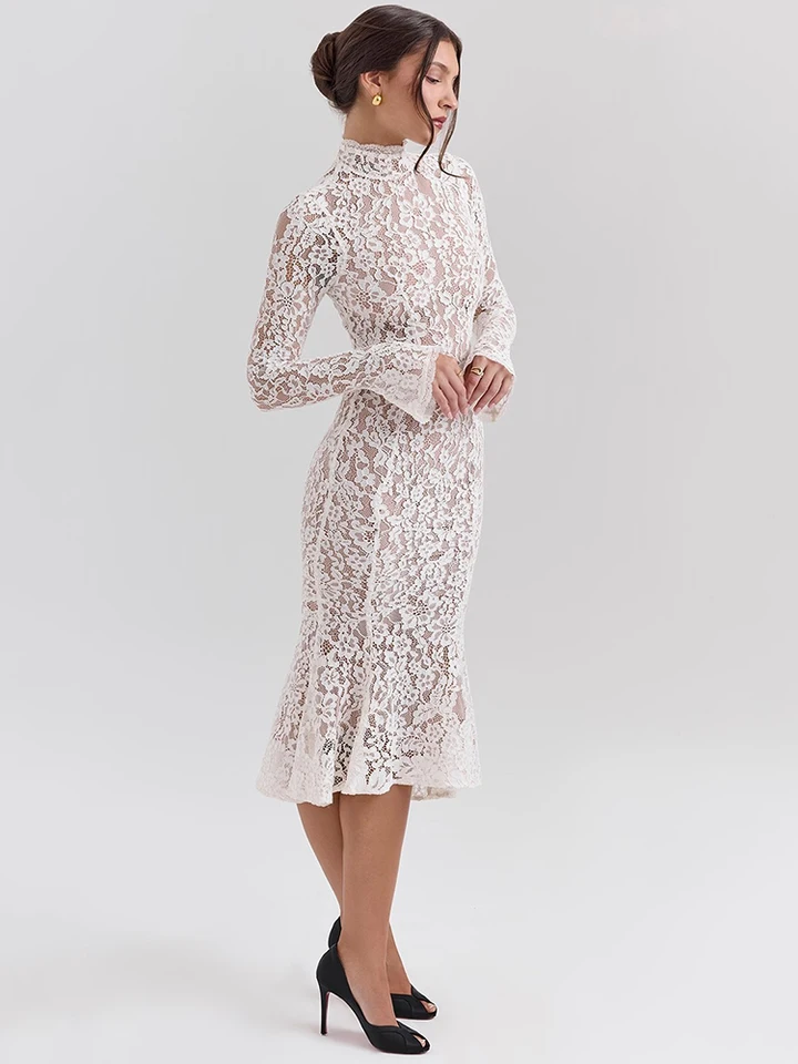 Ivory Lace High-Neck Long Sleeve Midi Dress in ivory - view 4