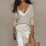 Rib Knit V-Neck Sweater and Satin Slip Skirt Set in ivory - view 2