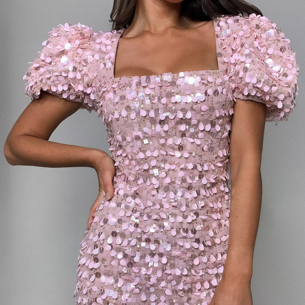 Square Neck Puff Sleeve Sequin Mini Dress in pink