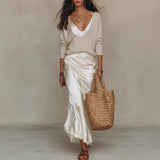 Rib Knit V-Neck Sweater and Satin Slip Skirt Set in ivory