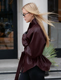 Burgundy Faux Leather Belted Funnel Neck Jacket in burgundy - view 3