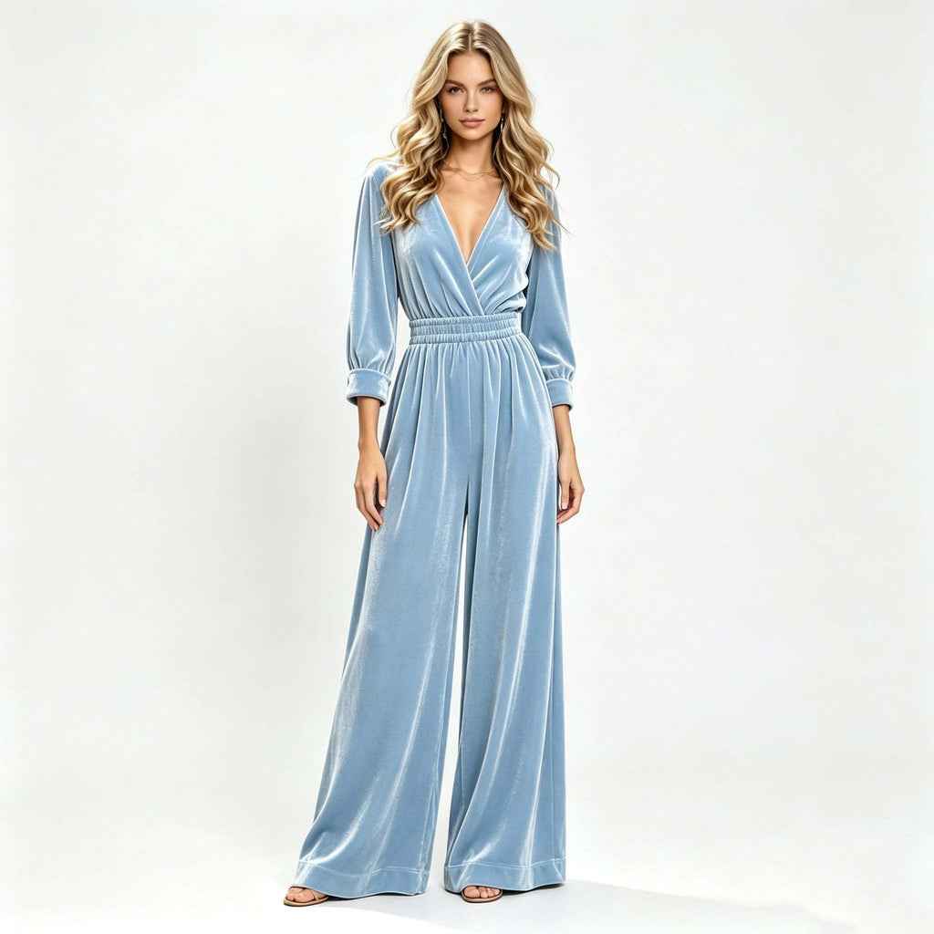 Velvet Wrap V-Neck Wide-Leg Jumpsuit in light blue - view 5