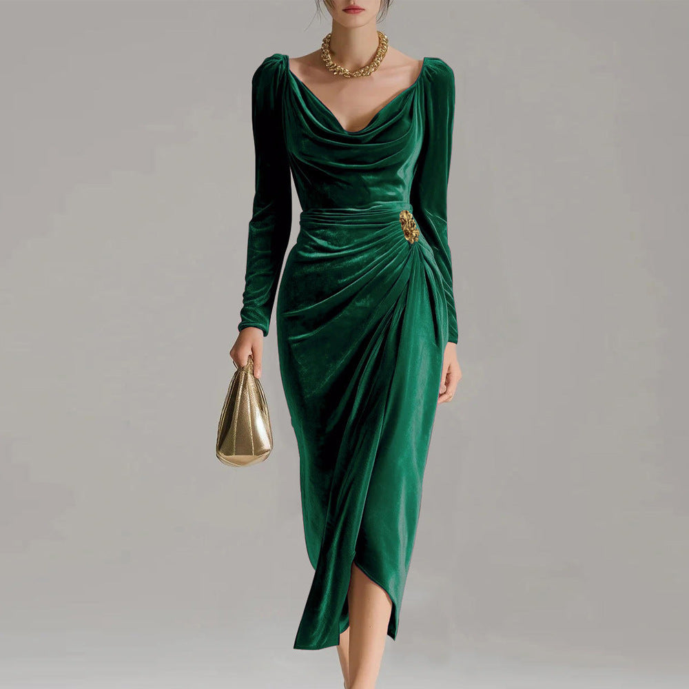 Velvet Cowl Neck Ruched High-Slit Midi Dress in emerald - view 6