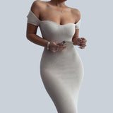 Off Shoulder Knit Bodycon Maxi Dress in ivory