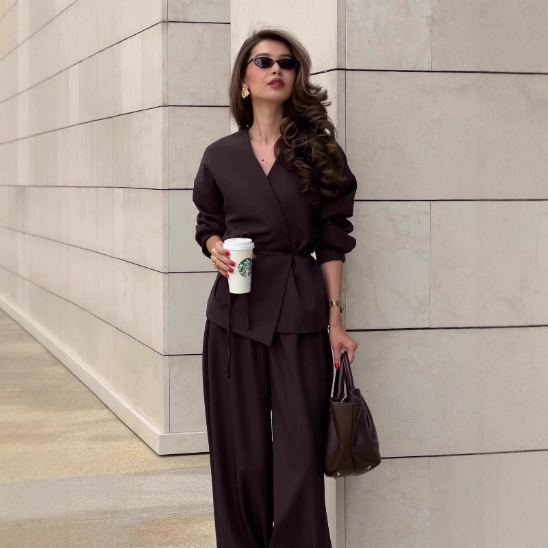 Wrap V-Neck Blazer and Wide Leg Trousers Set in chocolate brown