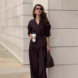 Wrap V-Neck Blazer and Wide Leg Trousers Set in chocolate brown