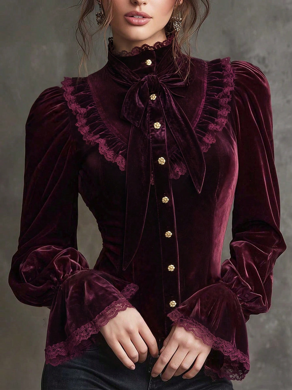 Burgundy Velvet Ruffle Bow-Neck Blouse in burgundy