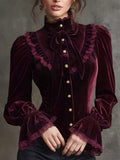 Burgundy Velvet Ruffle Bow-Neck Blouse in burgundy