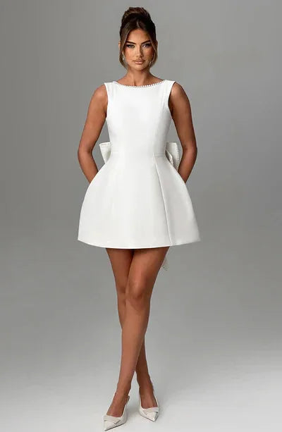 Pearl-Trim Bow Back Mini Dress in white - view 2