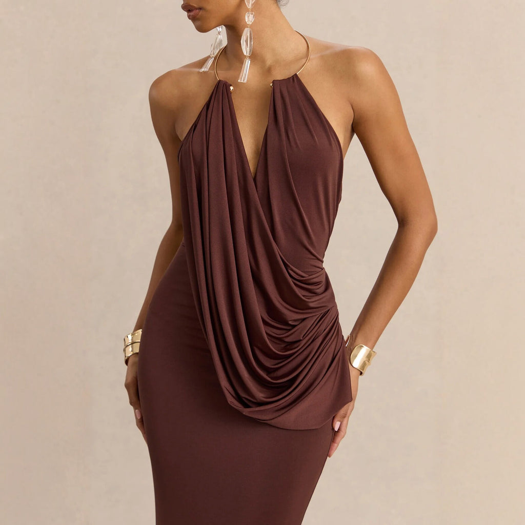 Chocolate Halter Draped Mermaid Maxi Dress in chocolate - view 3