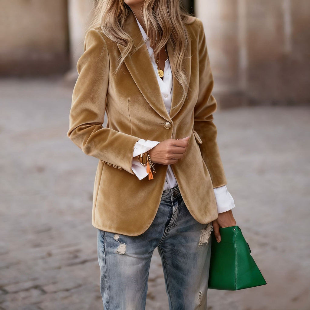 Velvet Single-Breasted Fitted Blazer in camel - view 6