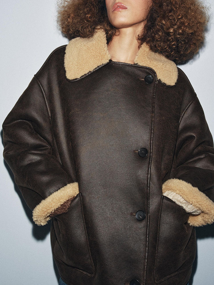 Two Tone Faux Leather Fleece Lined Jacket in brown