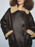 Two Tone Faux Leather Fleece Lined Jacket in brown
