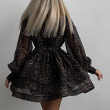 Leopard Print Chiffon Long Sleeve Tiered Mini Dress in leopard - view 3