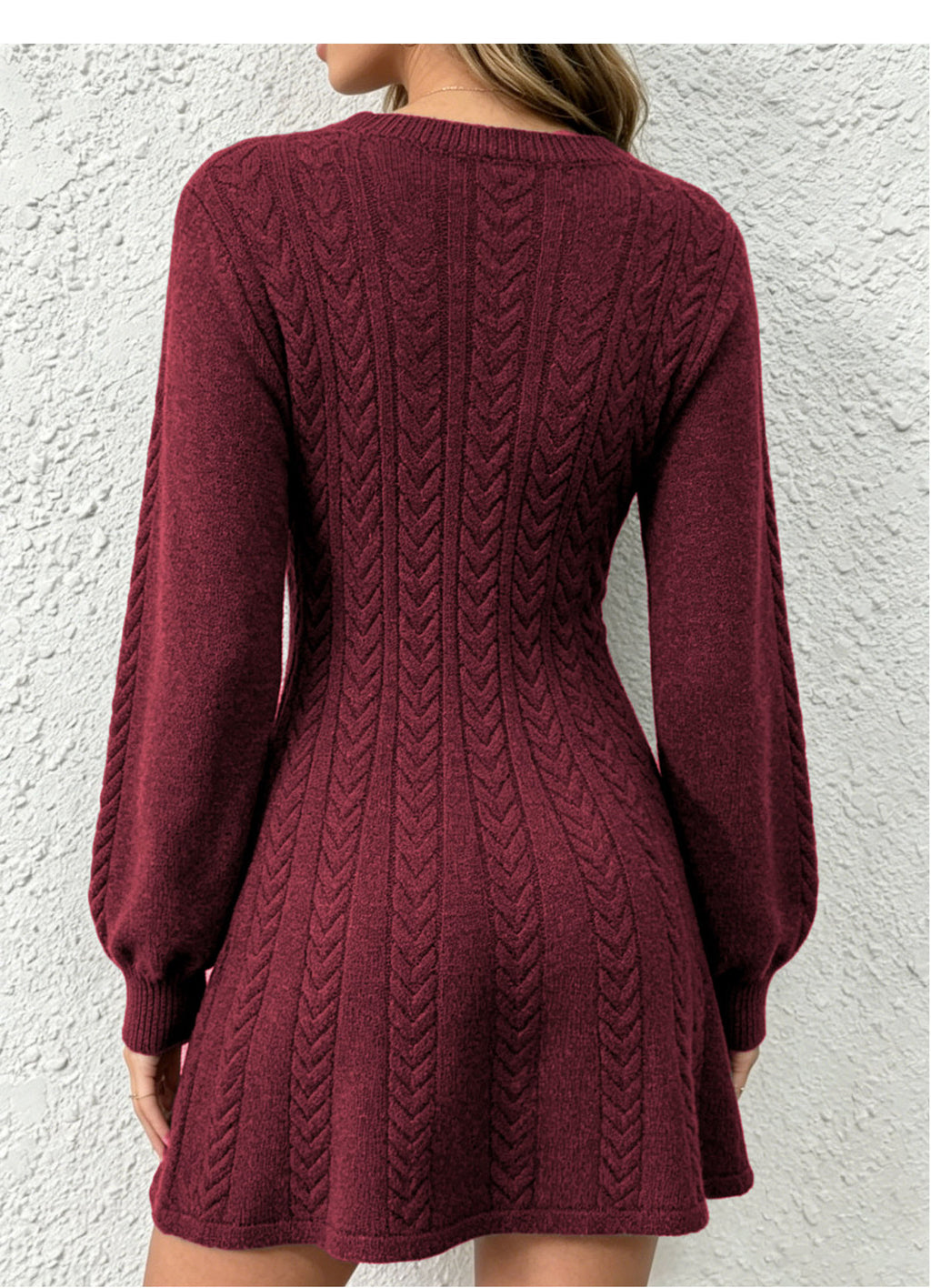V-Neck Cable Knit A-Line Sweater Mini Dress in burgundy - view 3
