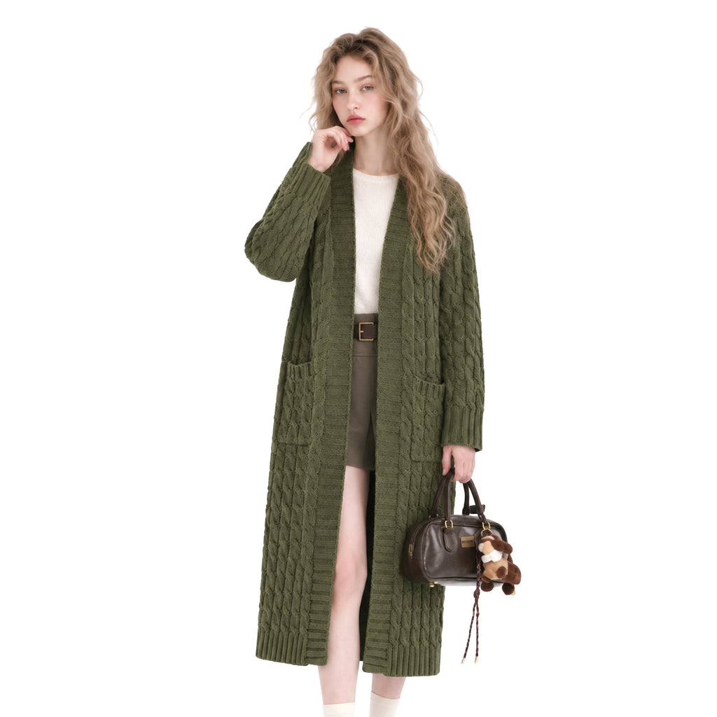 Long Cable Knit Open-Front Cardigan in olive