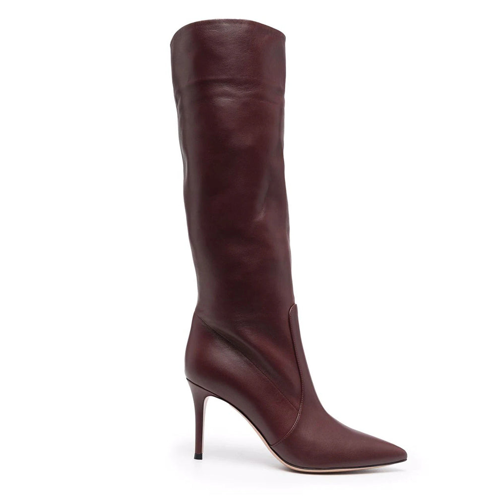 Burgundy Leather-Look Pointed Knee-High Boots in burgundy - view 2