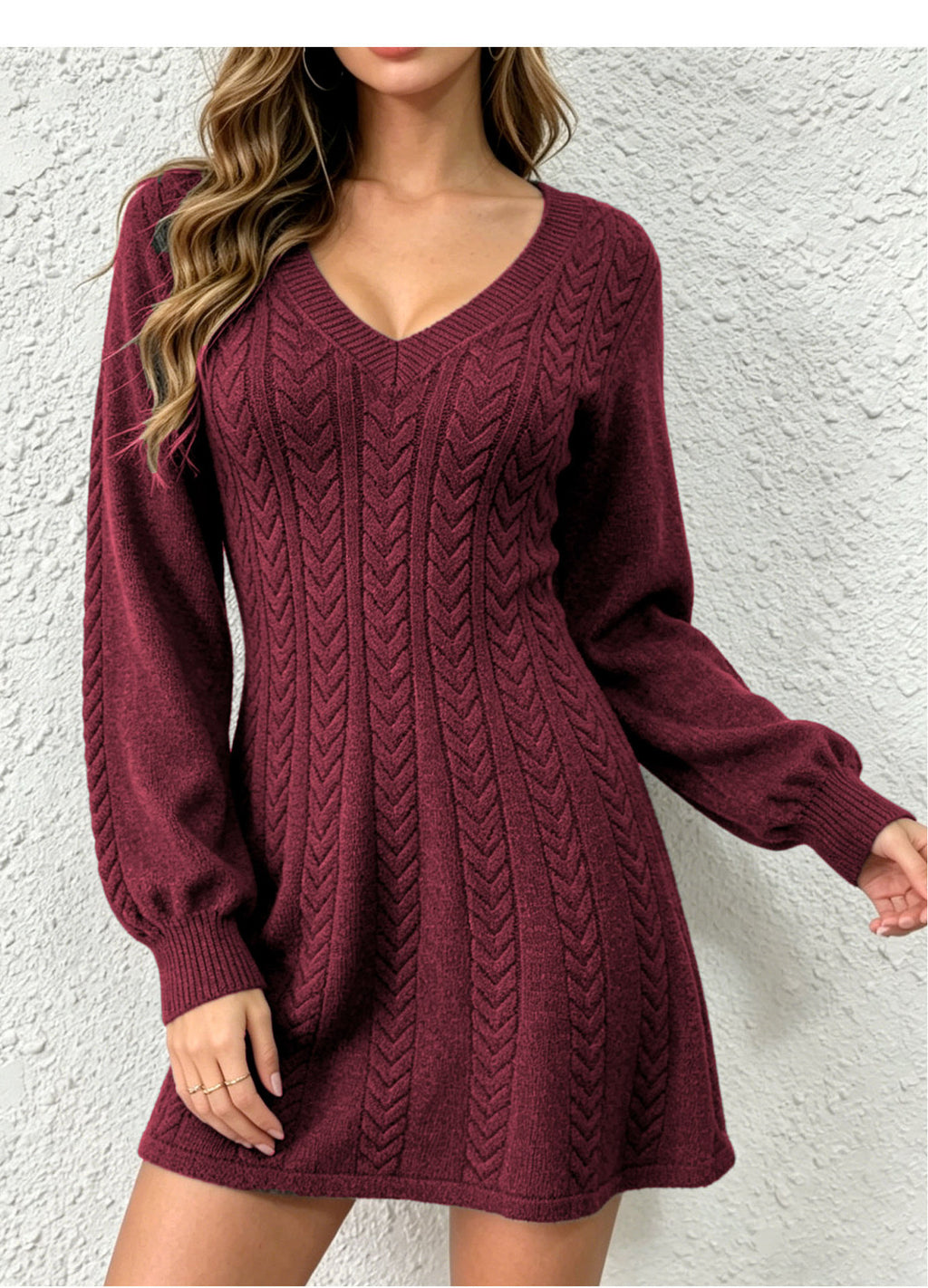 V-Neck Cable Knit A-Line Sweater Mini Dress in burgundy - view 2