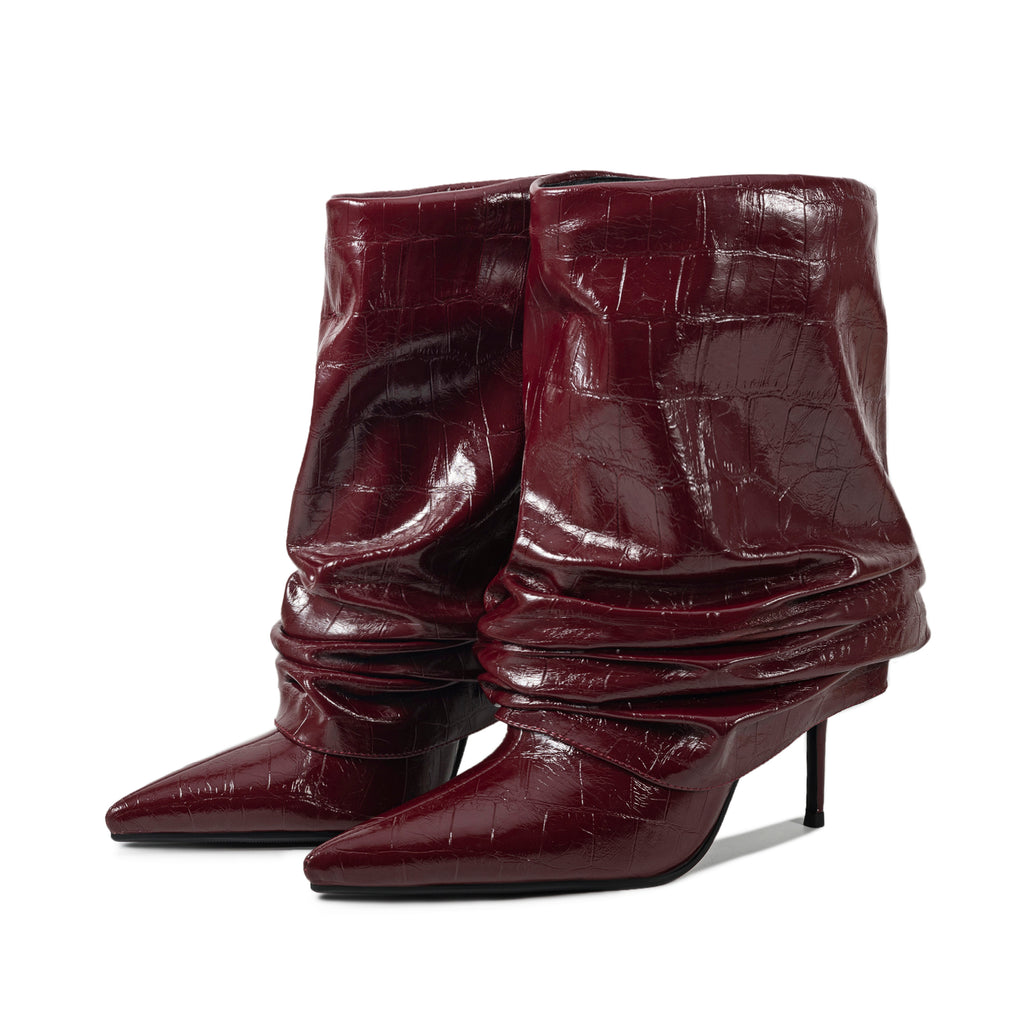 Croc-Embossed Slouch Stiletto Ankle Boots in burgundy