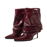 Croc-Embossed Slouch Stiletto Ankle Boots in burgundy