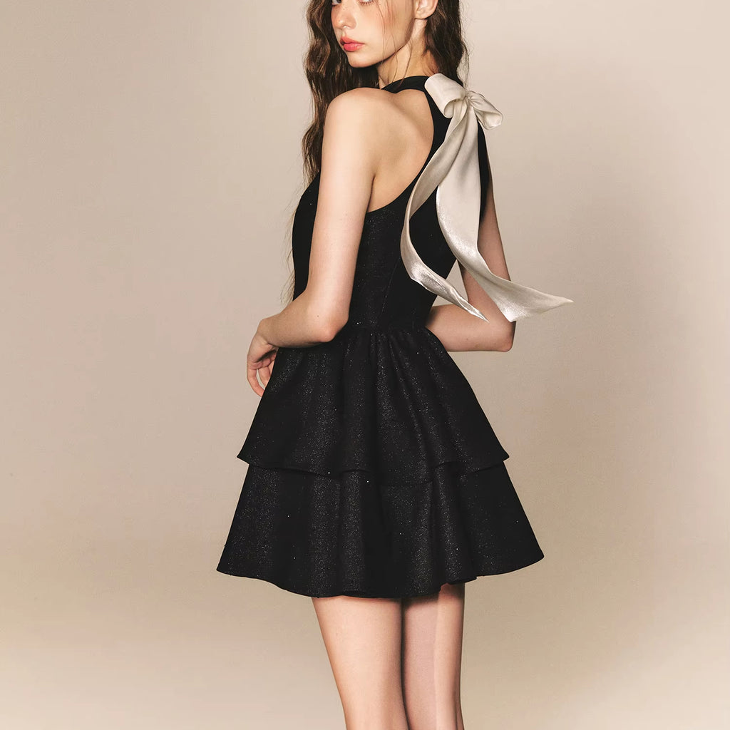 Halter Tiered Mini Dress with Bow Back in black