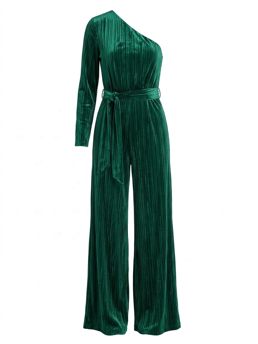 Emerald Velvet One-Shoulder Belted Wide-Leg Jumpsuit in emerald - view 4