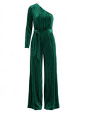 Emerald Velvet One-Shoulder Belted Wide-Leg Jumpsuit in emerald - view 4