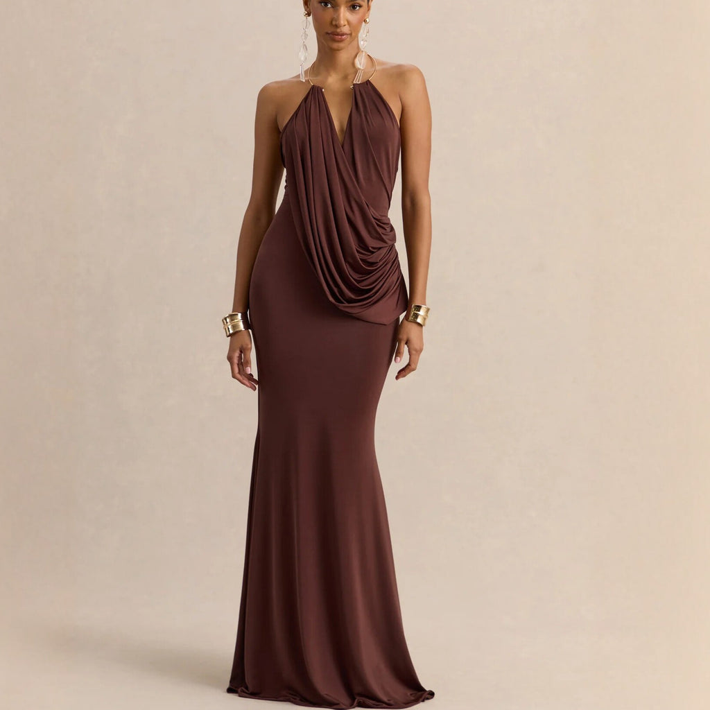 Chocolate Halter Draped Mermaid Maxi Dress in chocolate