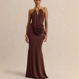Chocolate Halter Draped Mermaid Maxi Dress in chocolate