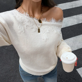 Off-Shoulder Lace-Trim Knit Sweater in cream - view 4