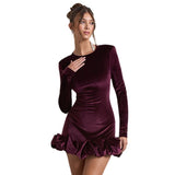 Velvet Crew Neck Ruffle Hem Mini Dress in burgundy - view 5