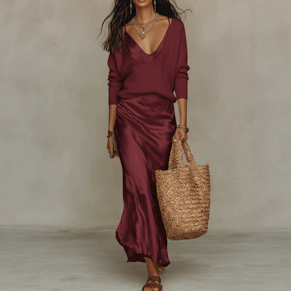 Rib Knit V-Neck Sweater and Satin Slip Skirt Set in burgundy - view 4