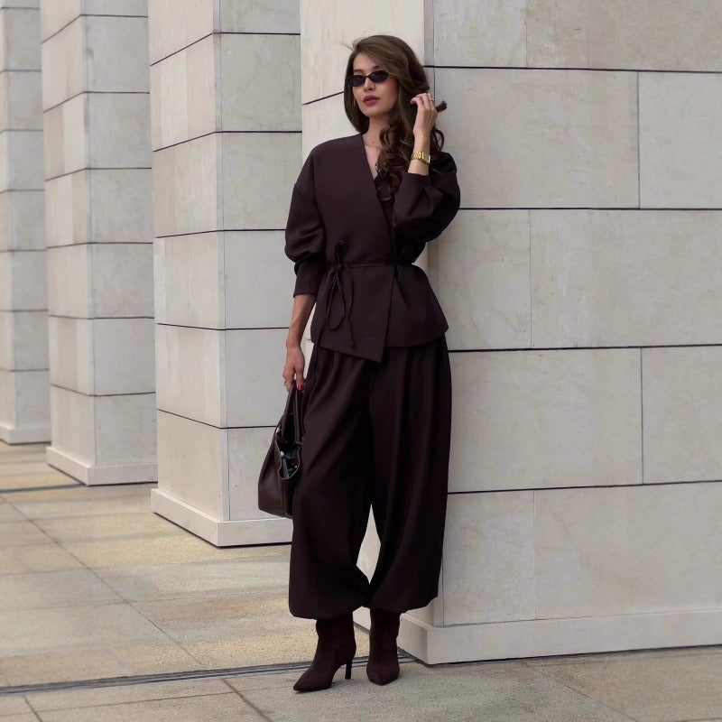 Wrap V-Neck Blazer and Wide Leg Trousers Set in chocolate brown - view 3