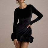 Velvet Crew Neck Ruffle Hem Mini Dress in black - view 4