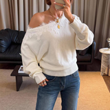 Off-Shoulder Lace-Trim Knit Sweater in cream - view 6