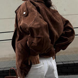 Oversized Faux Suede Belted Moto Jacket in chocolate