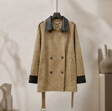 Faux Suede Leather-Collar Belted Double-Breasted Coat in khaki - view 5
