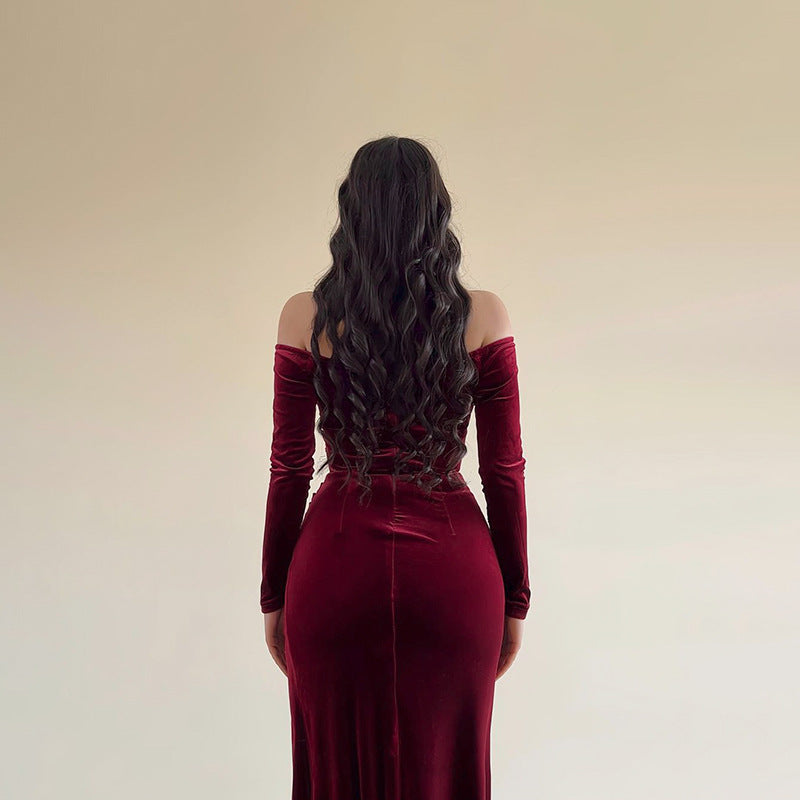 Velvet Off-Shoulder High-Slit Maxi Dress in burgundy - view 6