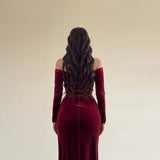 Velvet Off-Shoulder High-Slit Maxi Dress in burgundy - view 6