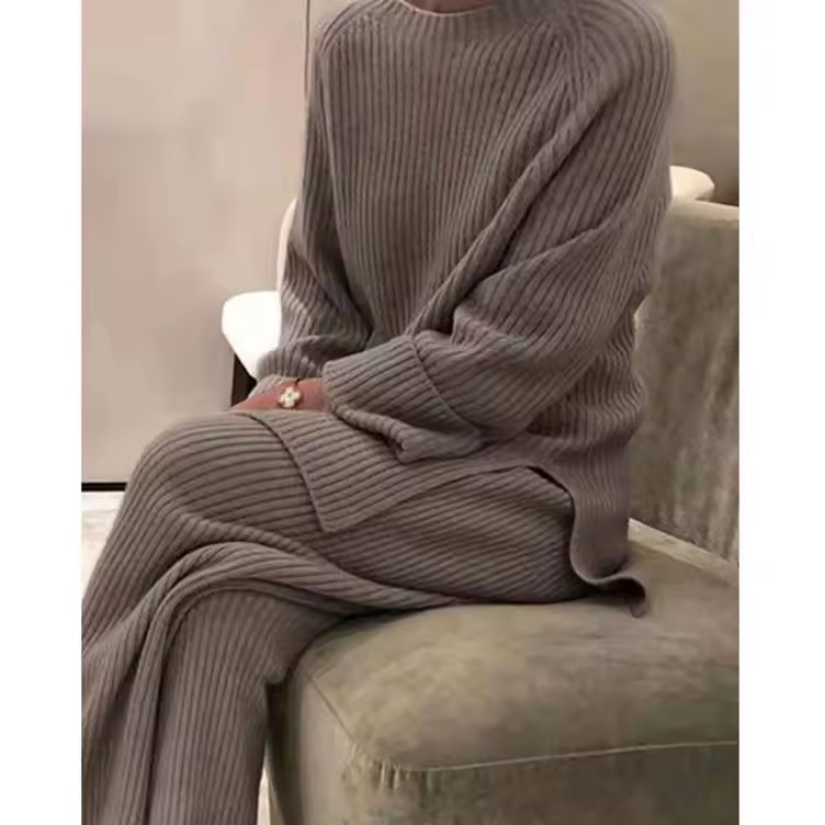Loose Knit Sweater and Wide Leg Pants Set in brown
