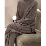 Loose Knit Sweater and Wide Leg Pants Set in brown