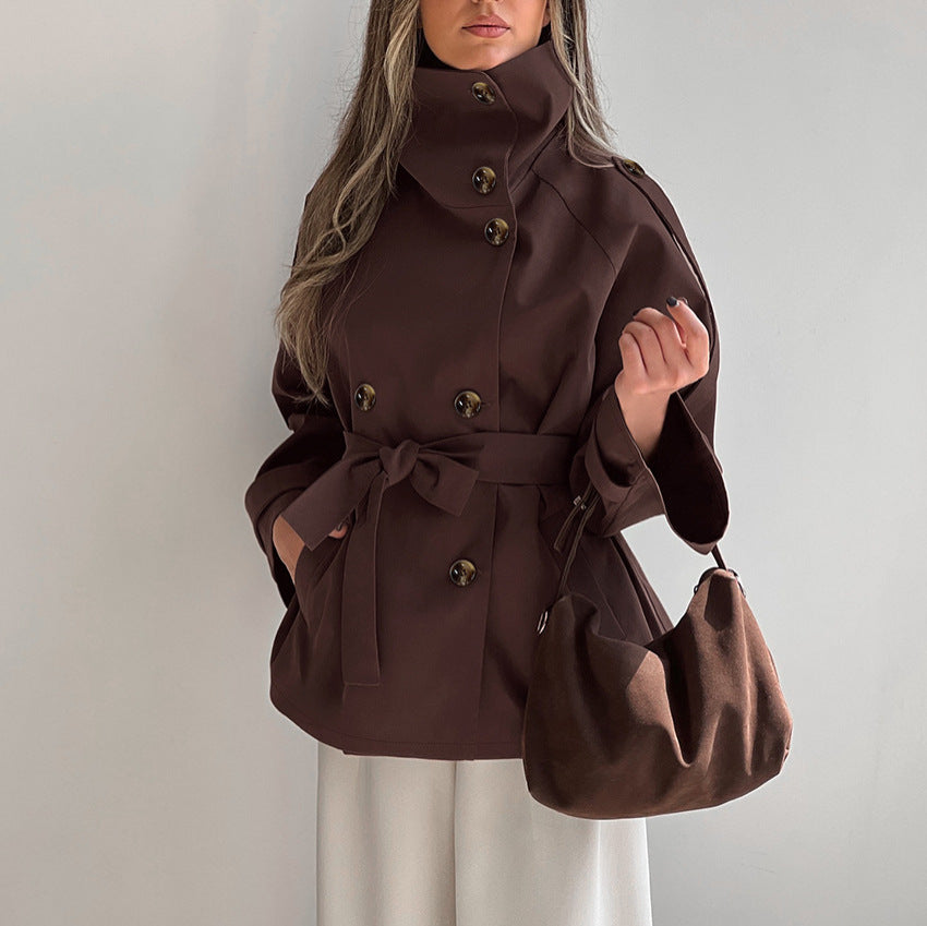 Cropped Stand Collar Belted Trench Jacket in chocolate - view 4