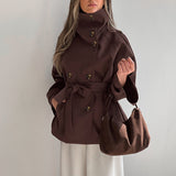 Cropped Stand Collar Belted Trench Jacket in chocolate - view 4