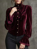 Burgundy Velvet Ruffle Bow-Neck Blouse in burgundy - view 2