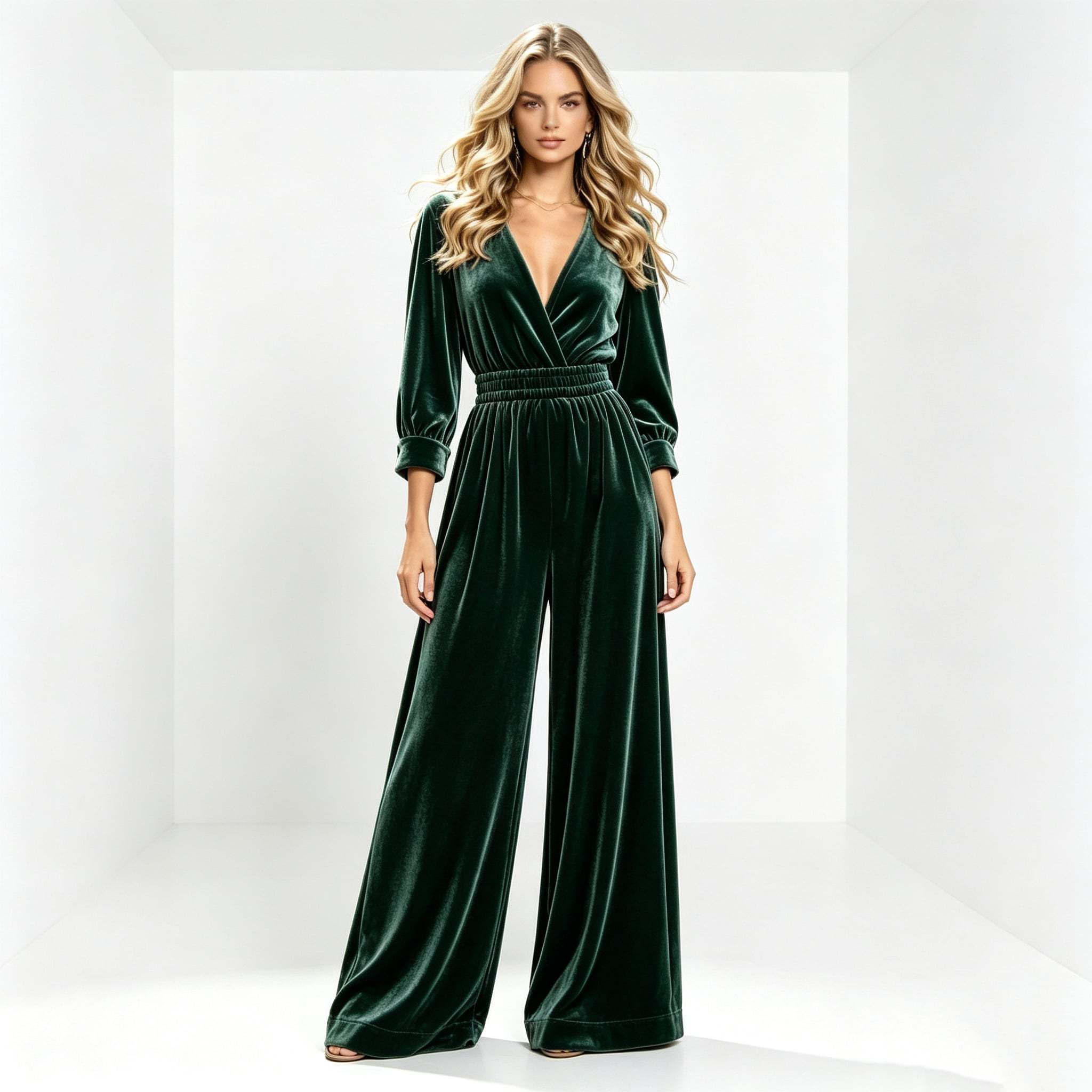Velvet Wrap V-Neck Wide-Leg Jumpsuit in emerald - view 2