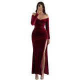 Velvet Off-Shoulder High-Slit Maxi Dress in burgundy