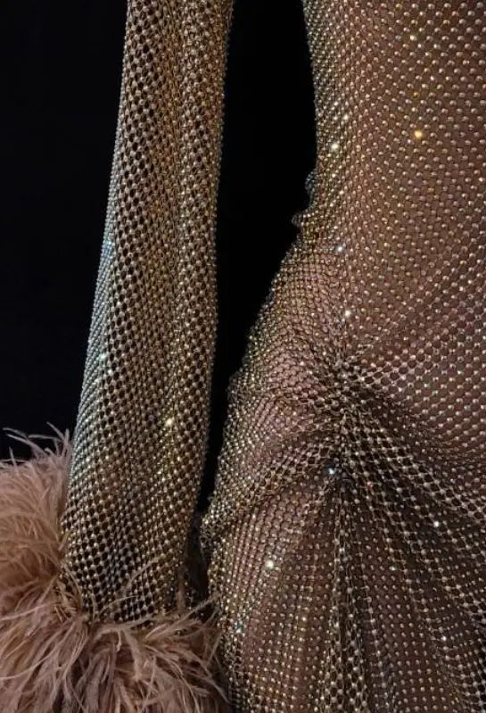 Rhinestone Metal Mesh Feather Cuff Mini Dress in nude - view 5