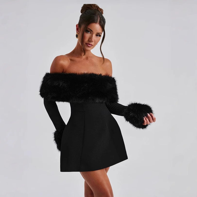 Off Shoulder Faux Fur Trim Skater Mini Dress in black - view 2