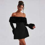 Off Shoulder Faux Fur Trim Skater Mini Dress in black - view 2
